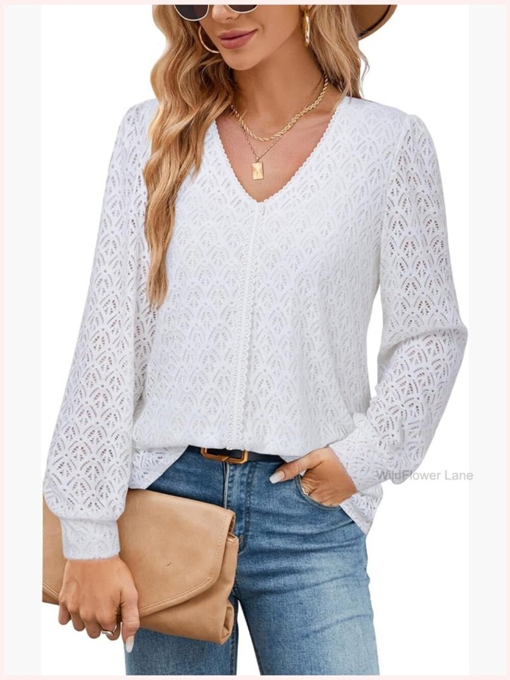 Long Sleeve V Neck Blouse with Lace and Hollow Sleeves Work Shirt